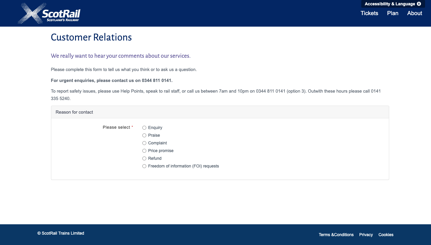 Screenshot of ScotRail's customer relations form