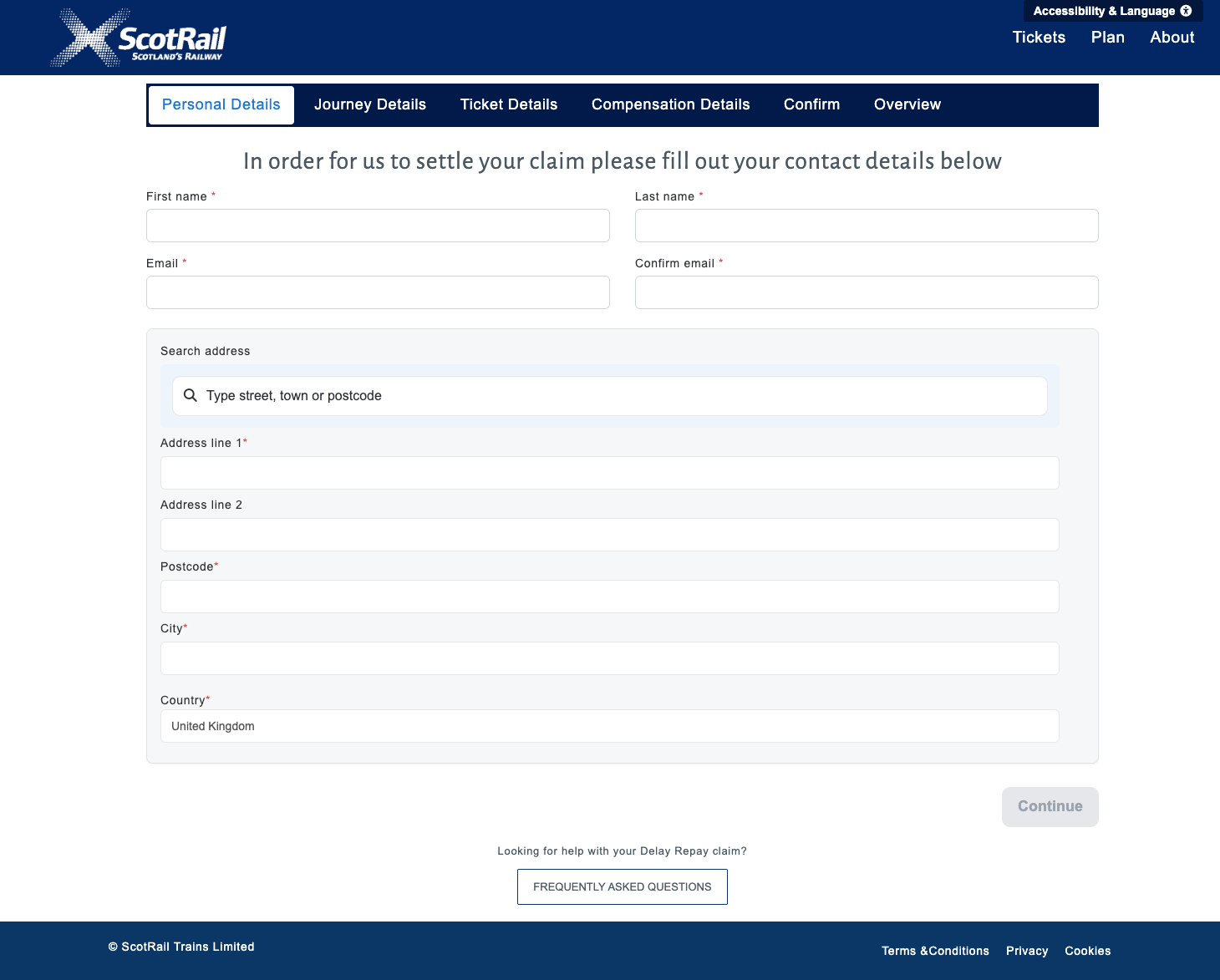 Screenshot of ScotRail's Delay Repay form